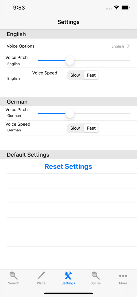 Einstellungen der deutschen Wörterbuch-App zur Anpassung von Tonhöhe und Sprachgeschwindigkeit