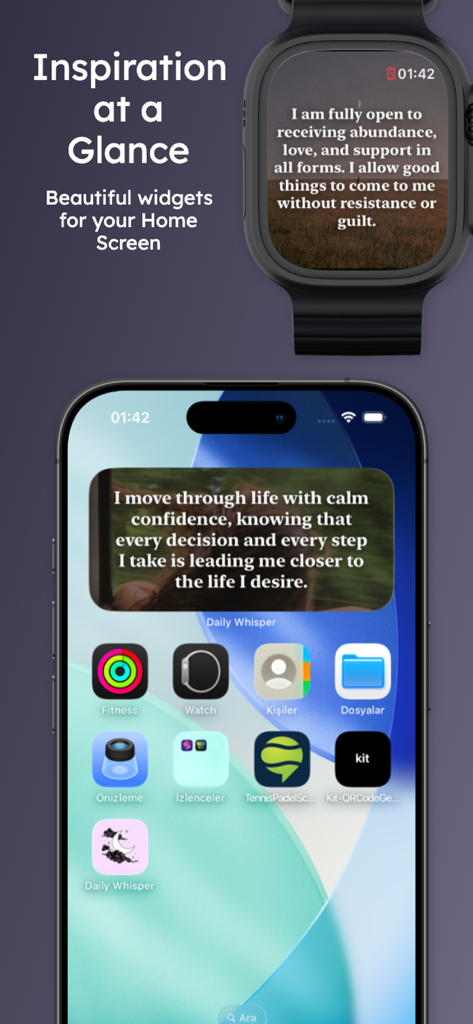 Daily Whisper: Affirmations - Daily Whisper affirmations displayed on an iPhone home screen widget and an Apple Watch.