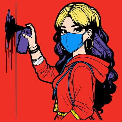 realistic girl with mask spray painting a wall