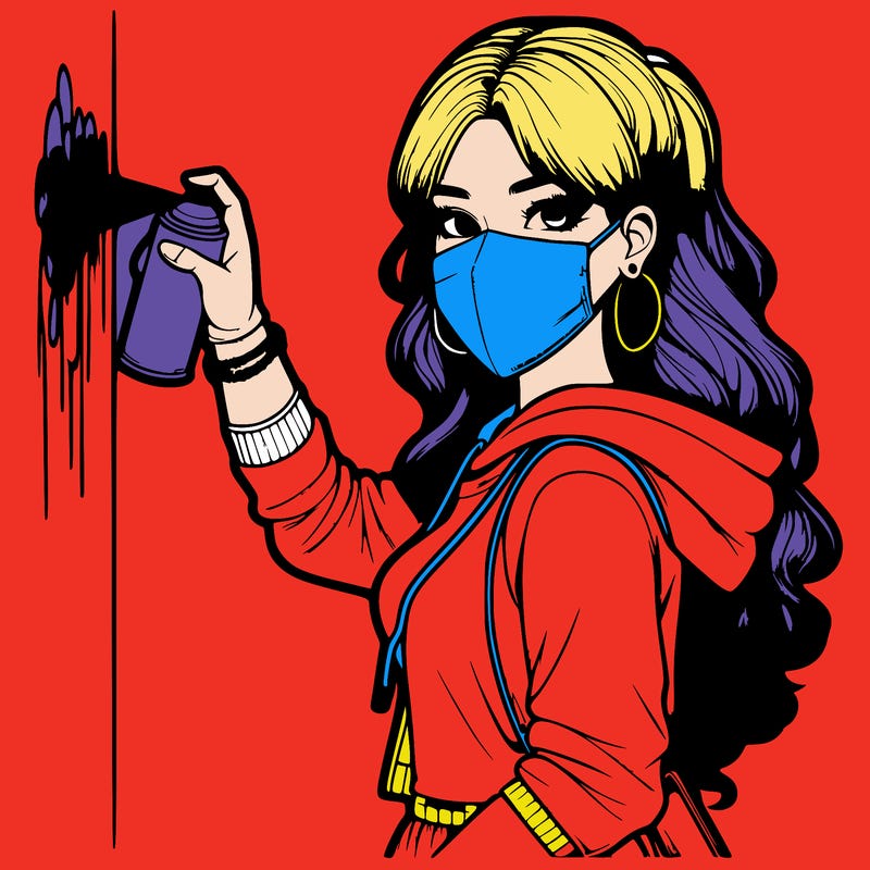 realistic girl with mask spray painting a wall