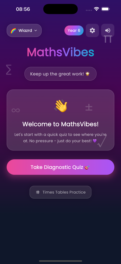 MathsVibes - Der Startbildschirm der MathsVibes-App mit einer Begrüßungsnachricht und einer Schaltfläche zum Starten eines diagnostischen Mathe-Quiz.