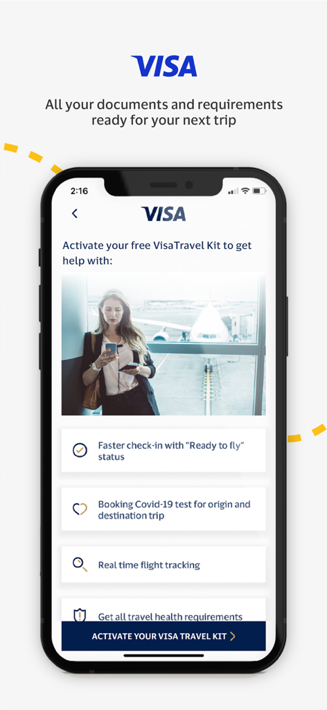 Visa Benefits - Visa Benefits app screen displaying travel kit features including flight tracking and health requirements