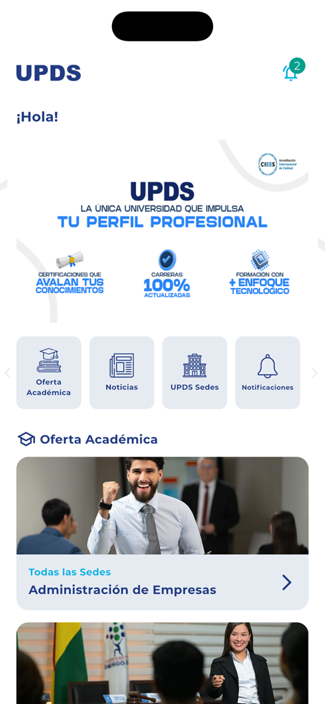 Home screen of the UPDS mobile app featuring academic programs and university news