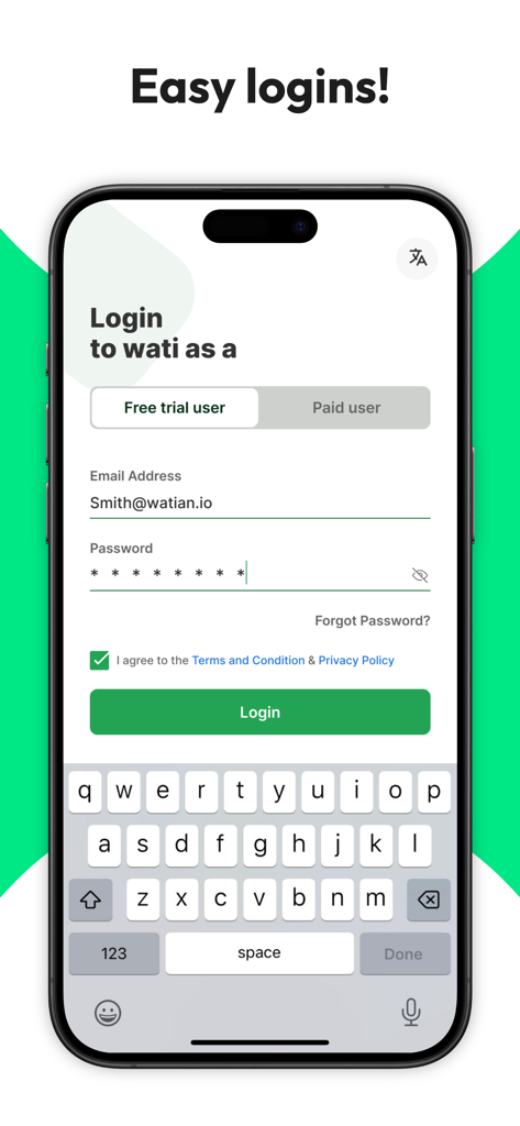 WATI app login screen for WhatsApp Business API on an iPhone