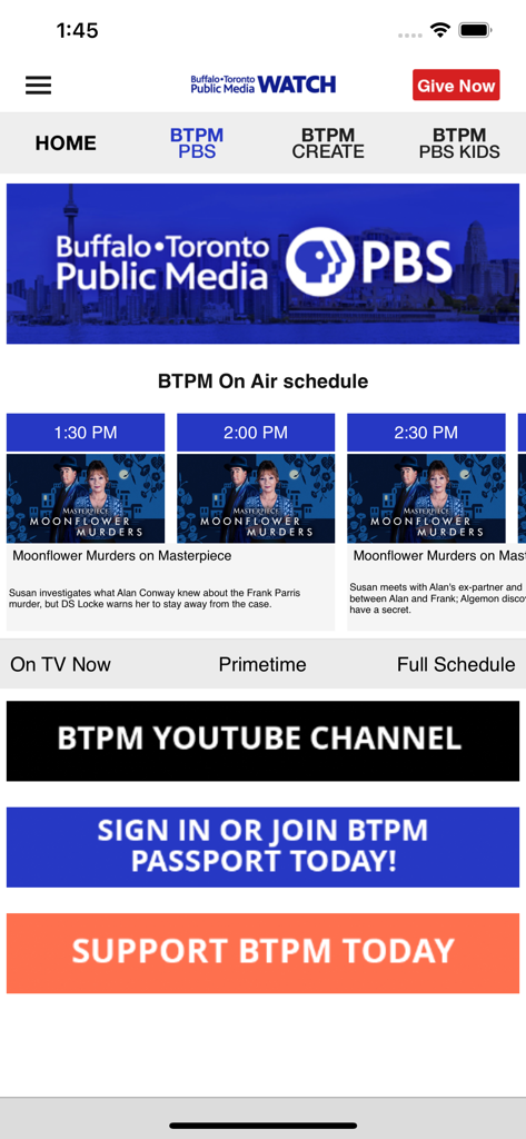 Interface do aplicativo BTPM Watch mostrando a programação da Buffalo Toronto Public Media e botões de suporte