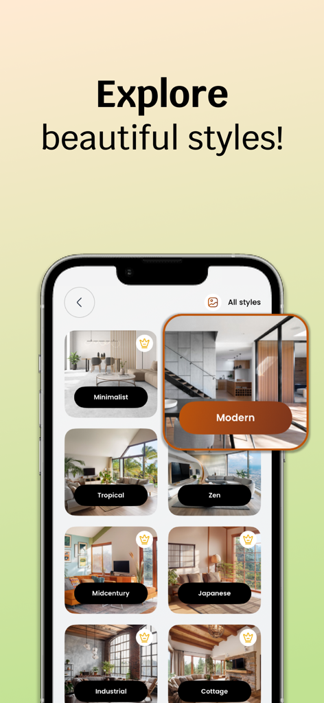 Uno smartphone che mostra una varietà di opzioni di stile di interior design tra cui moderno minimalista e mid-century.