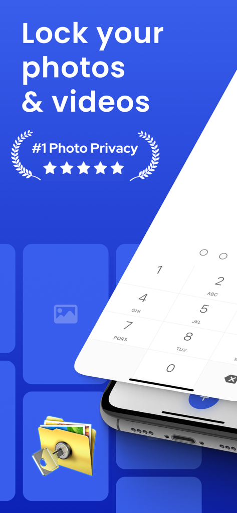Private Photo Vault app interface showing a PIN lock screen to secure photos and videos