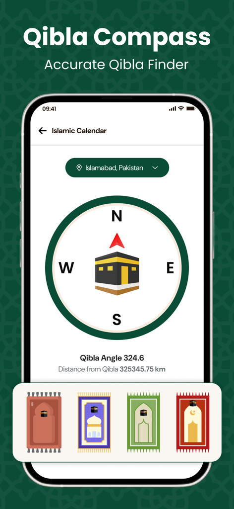 Al Quran Majeed القرآن الكريم - Interface of the Qibla Compass feature on a mobile phone showing the direction to the Kaaba