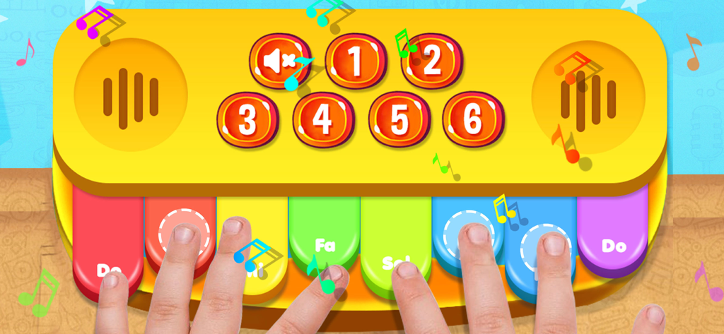 Musical Band! Play and Learn - Child playing a colorful digital toy piano with numbered buttons and musical notes