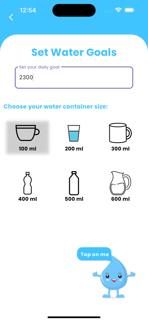 Bisa - Bisa app screen for setting daily water intake goals and choosing container sizes