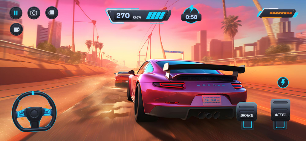 Un'auto sportiva viola che corre su una strada panoramica al tramonto nell'app Drift Xtreme.