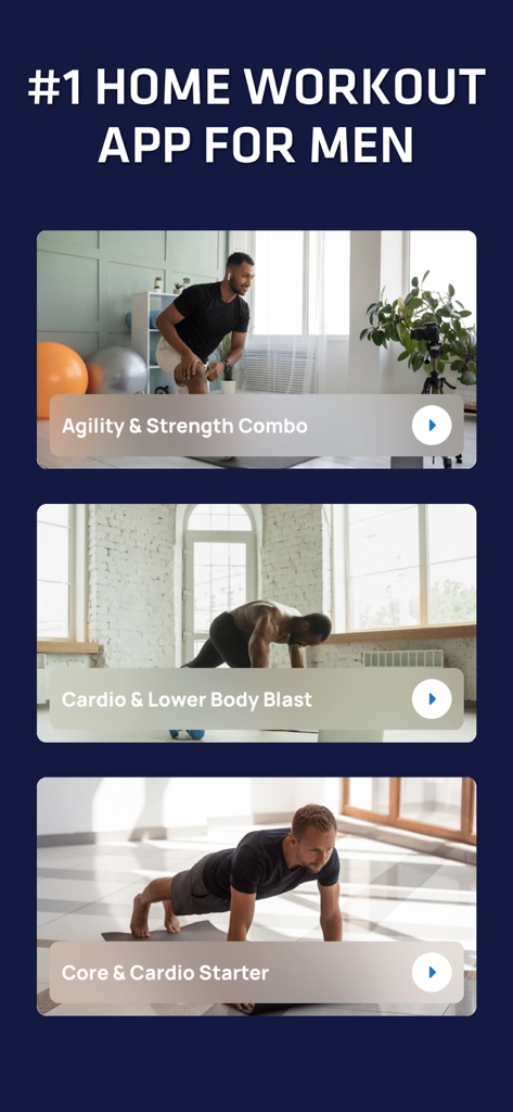 Home Workout No Equipment. - Aplicación de rutinas en casa para hombres que muestra varias rutinas de entrenamiento que incluyen fuerza ágil y cardio central.