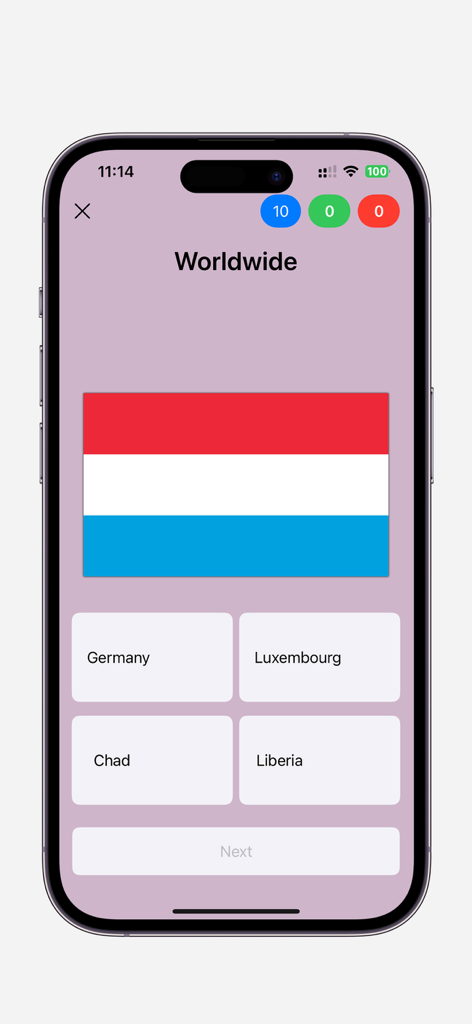 Flag Quiz: Flags of the World - Gameplay screen of Flag Quiz app featuring the flag of Luxembourg with multiple choice options.