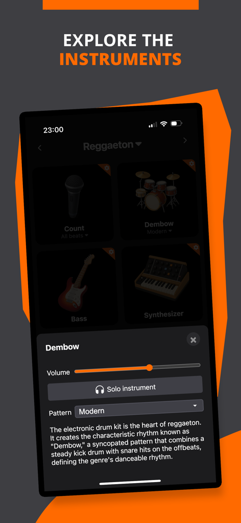Reggaeton Rhythms - BeatLab - Mobile app screen showing the instrument exploration feature with a detailed look at the Dembow drum kit settings