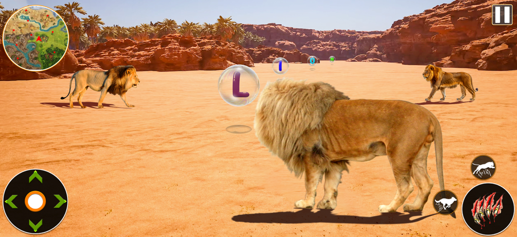 ABC Animal Game: Word Collect - Un simulador de león 3D donde el jugador recolecta burbujas de letras flotantes para deletrear la palabra León en un entorno desértico.
