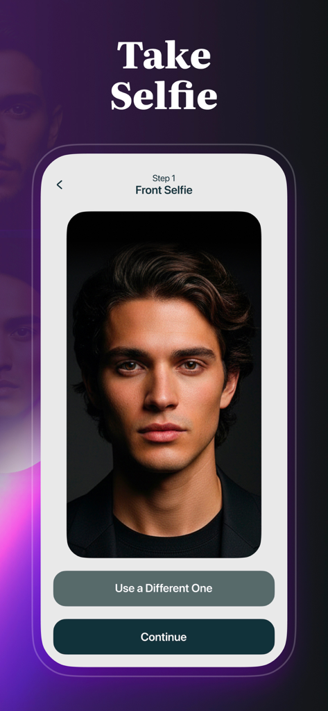 Oberfläche der PSL Scale App, die den Front-Selfie-Uploadschritt für die KI-Gesichtsanalyse zeigt