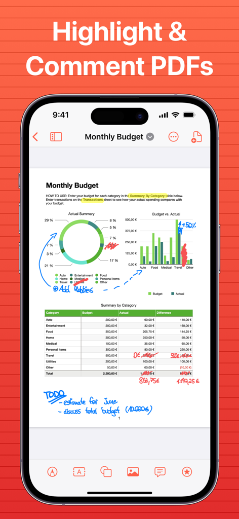 SuperNotes Note Taking App - SuperNotes app interface showing PDF annotation and highlighting on a budget report.