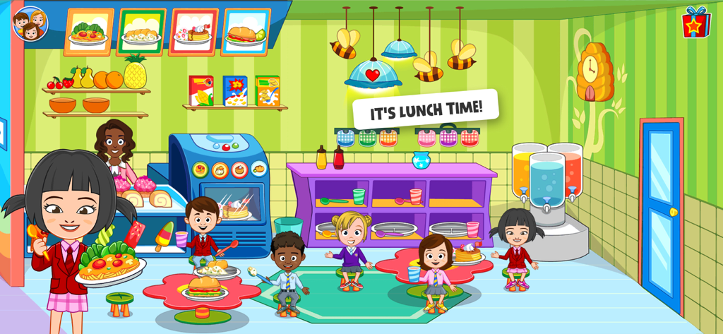Children eating lunch in a colorful school cafeteria in the My Town Preschool app