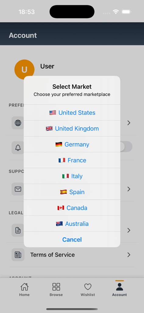 Select Market popup showing international country options in the Camel Camel Camel Deals app.