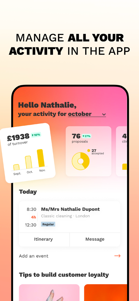 Dashboard of Wecasa Pro app showing monthly turnover and daily service schedule