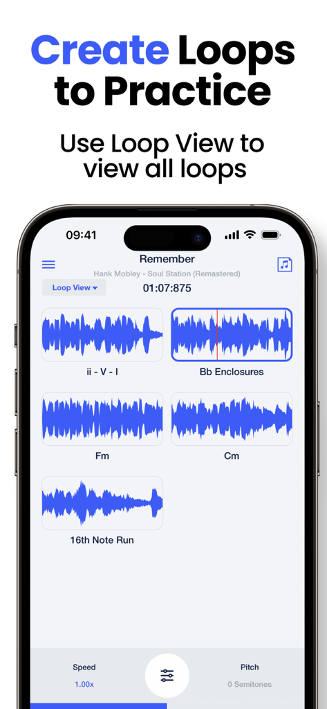 Speed Changer | Transcribe+ - Interface of Transcribe plus app showing saved music loops for practice
