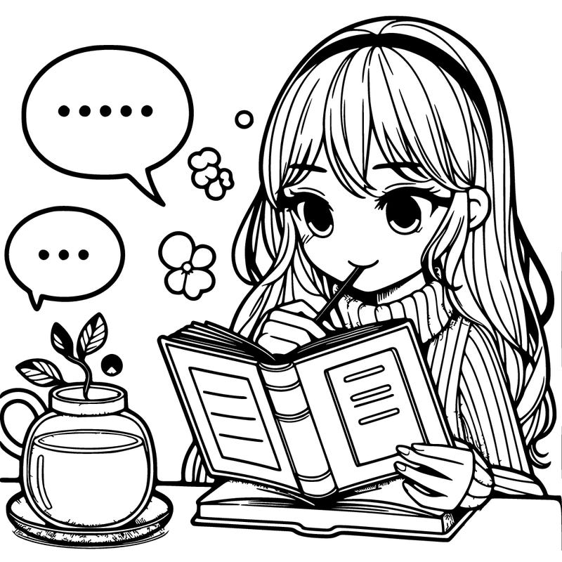 realistic girl reading a book while drinking tea