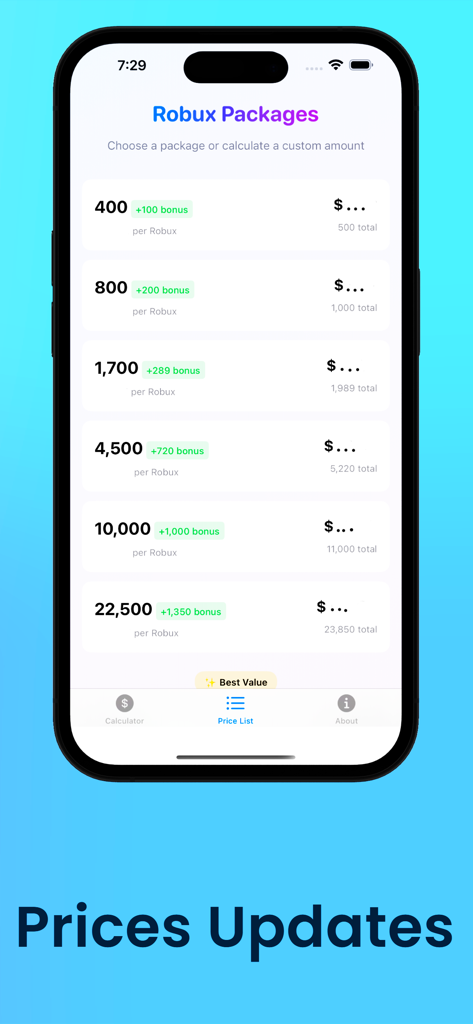 A mobile screen showing official Robux packages and bonus amounts for virtual currency calculation.