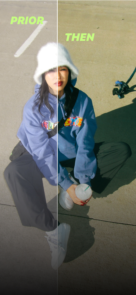 Before and after split screen comparison of a retro digital camera filter applied to a street style photo