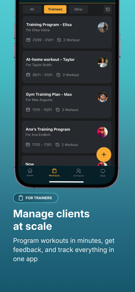 PersonalGO - Interface do aplicativo PersonalGO mostrando o painel do personal trainer para gerenciar planos de treino de vários clientes