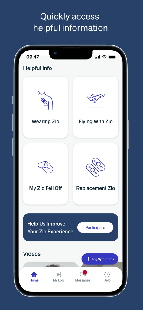 MyZio app screen displaying helpful information and support topics for the Zio ECG monitor