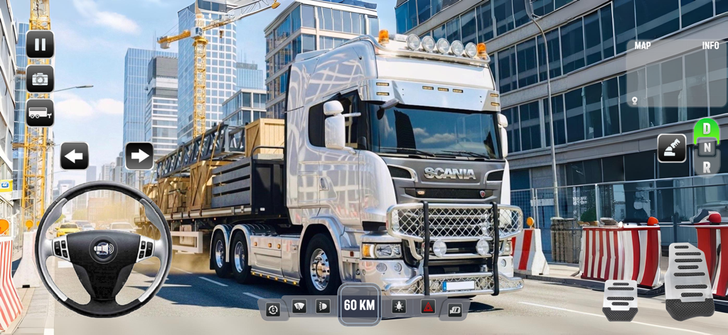 Depot Truck Simulator Games 3D - Un camión cisterna plateado conduciendo por una zona de construcción de la ciudad en la aplicación móvil Depot Truck Simulator Games 3D