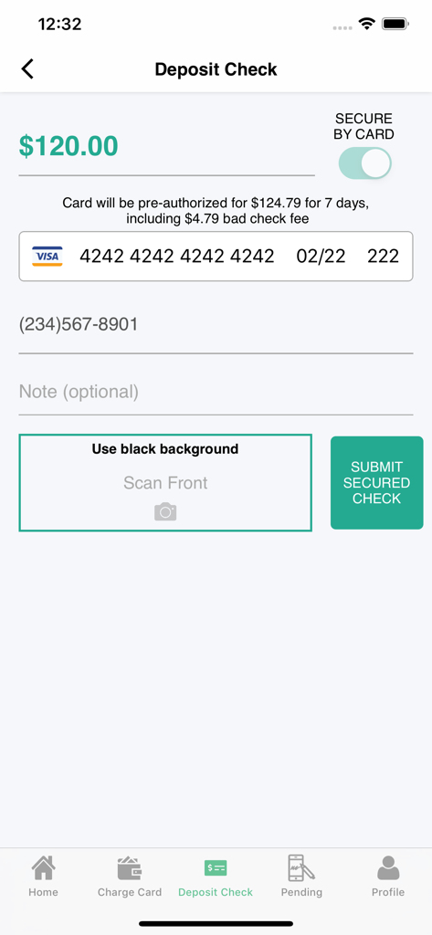 クレジットカードセキュリティ機能とスキャンフロントカメラボタンを備えた、小切手入金用のモバイルアプリインターフェース