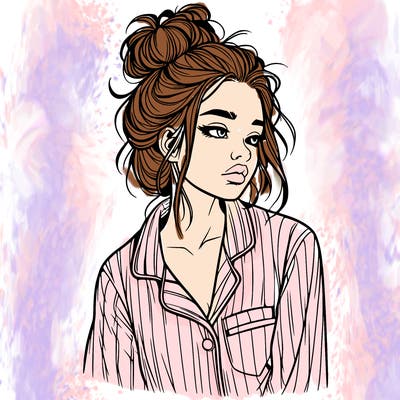 realistic woman with pajamas on and a messy bun