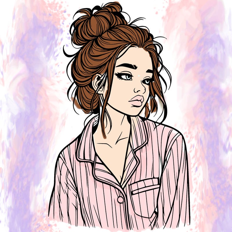 realistic woman with pajamas on and a messy bun