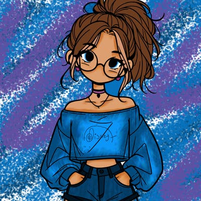 girl with a messy ponytail glasses a baggy crop top and jean shorts