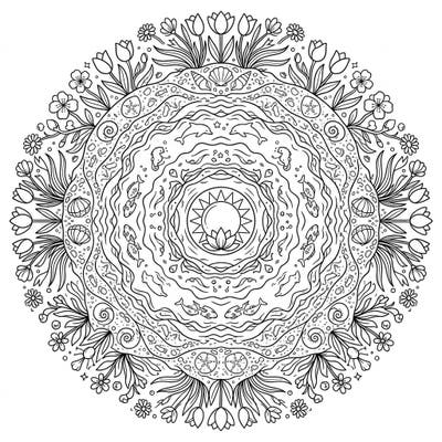 Celebrate the fresh spirit of spring with this captivating beach mandala. Discover a harmonious blend of sandy shores, marine wonders, and blooming florals awaiting your creative touch.