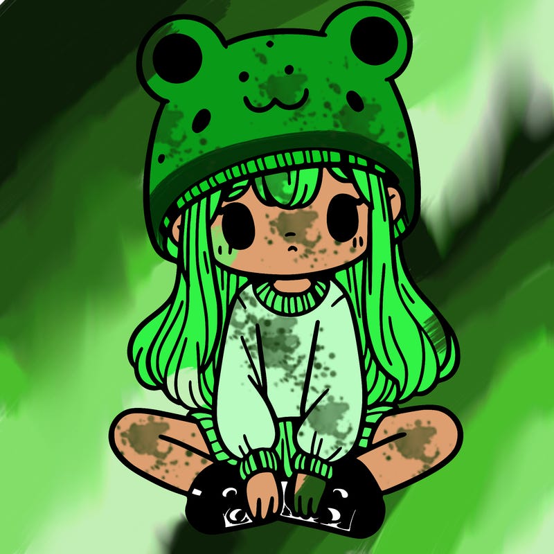 a girl wearing a frog hat and some frog socks