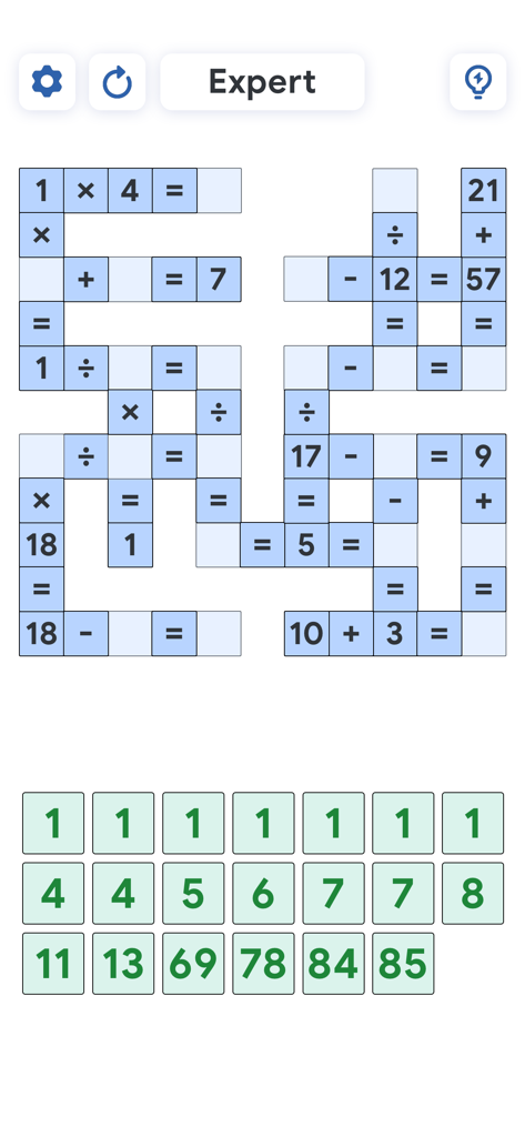 Puzzle de crucigrama matemático de nivel experto que muestra ecuaciones matemáticas en la pantalla de un dispositivo móvil