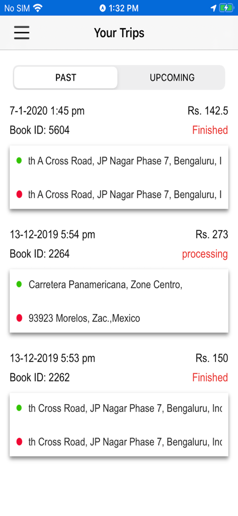 Taximandu - Interfaz de la aplicación Taximandu que muestra una lista de reservas de viajes de taxi anteriores con detalles del viaje y precios.