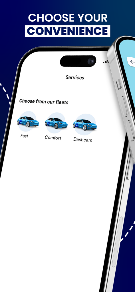 Arrw - Arrw app screen displaying different ride options including Fast and Comfort fleets