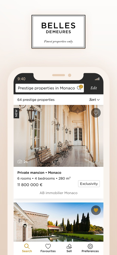 Belles Demeures App-Oberfläche mit einer Luxus-Privatvillen-Liste in Monaco