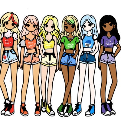 a group of girls wearing crop tops and shorts
