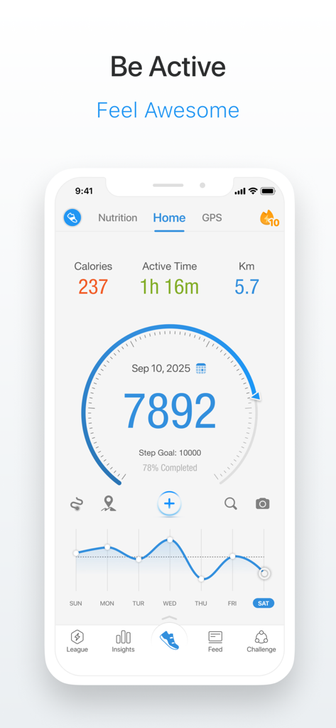 Pacer Pedometer app dashboard showing daily step count calories burned and active time tracking progress