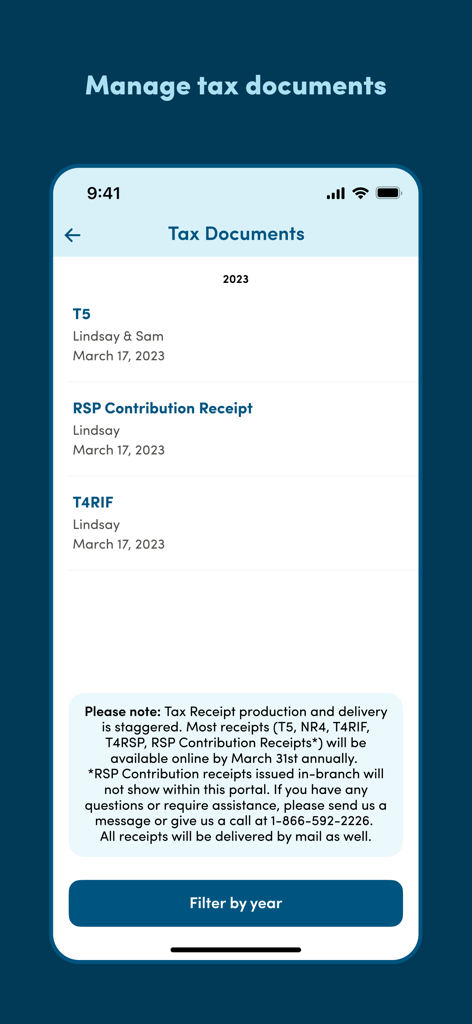 Meridian Mobile Banking - Meridian mobile banking app screen showing a list of 2023 tax documents like T5 and RSP contribution receipts