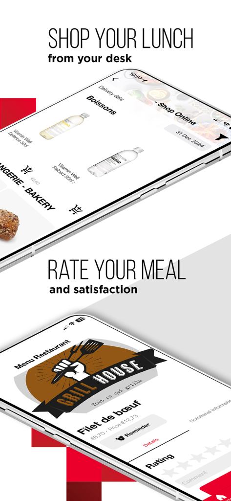 My Aramark - User interface of My Aramark app for ordering lunch and rating restaurant meals