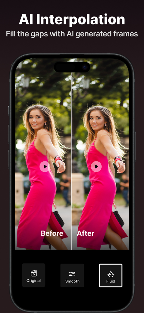 AI Video Enhancer & Upscaler - KI-Video-Interpolationsfunktion zeigt einen Vorher-Nachher-Vergleich einer Frau in einem rosa Kleid mit flüssigerer Bewegung.