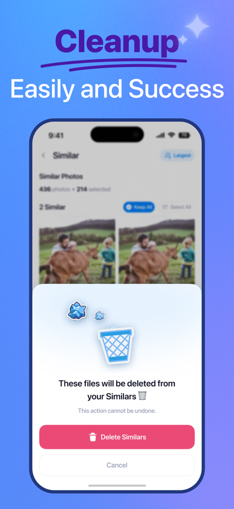 Cleanse AI－Phone, Mail Cleaner - Interfaz de la aplicación Cleanse AI que muestra el proceso de eliminación de fotos similares