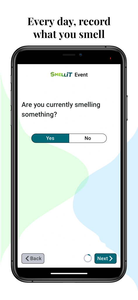 SMELLiT - SMELLiT 앱 화면은 '지금 냄새를 맡고 있습니까?'라는 질문과 예/아니오 옵션을 보여줍니다.