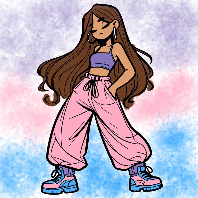 girl in baggy pants crop top and long hair