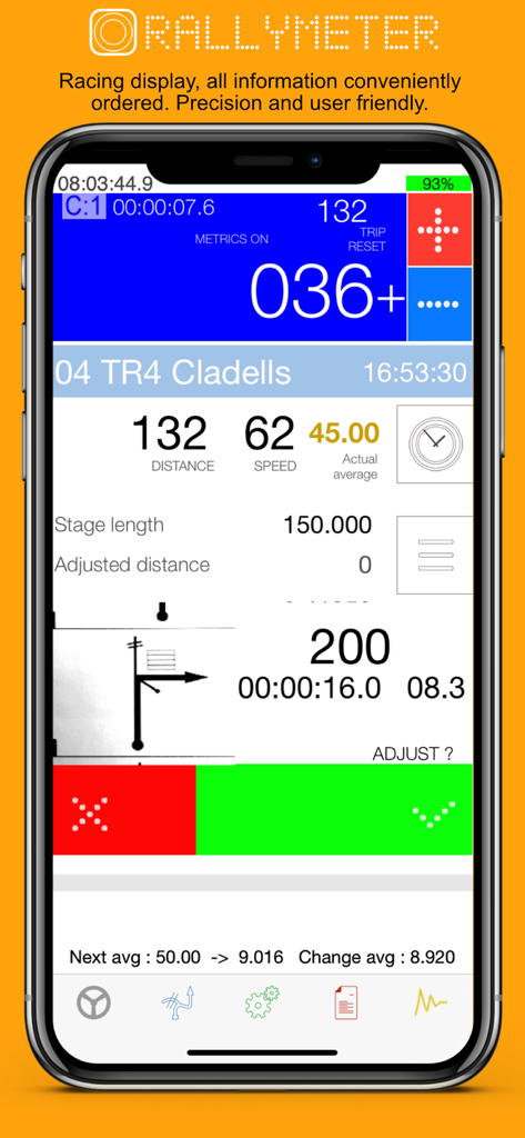 Rallymeter Pro - Rallymeter Pro app interface showing real time rally navigation data including distance speed and roadbook references